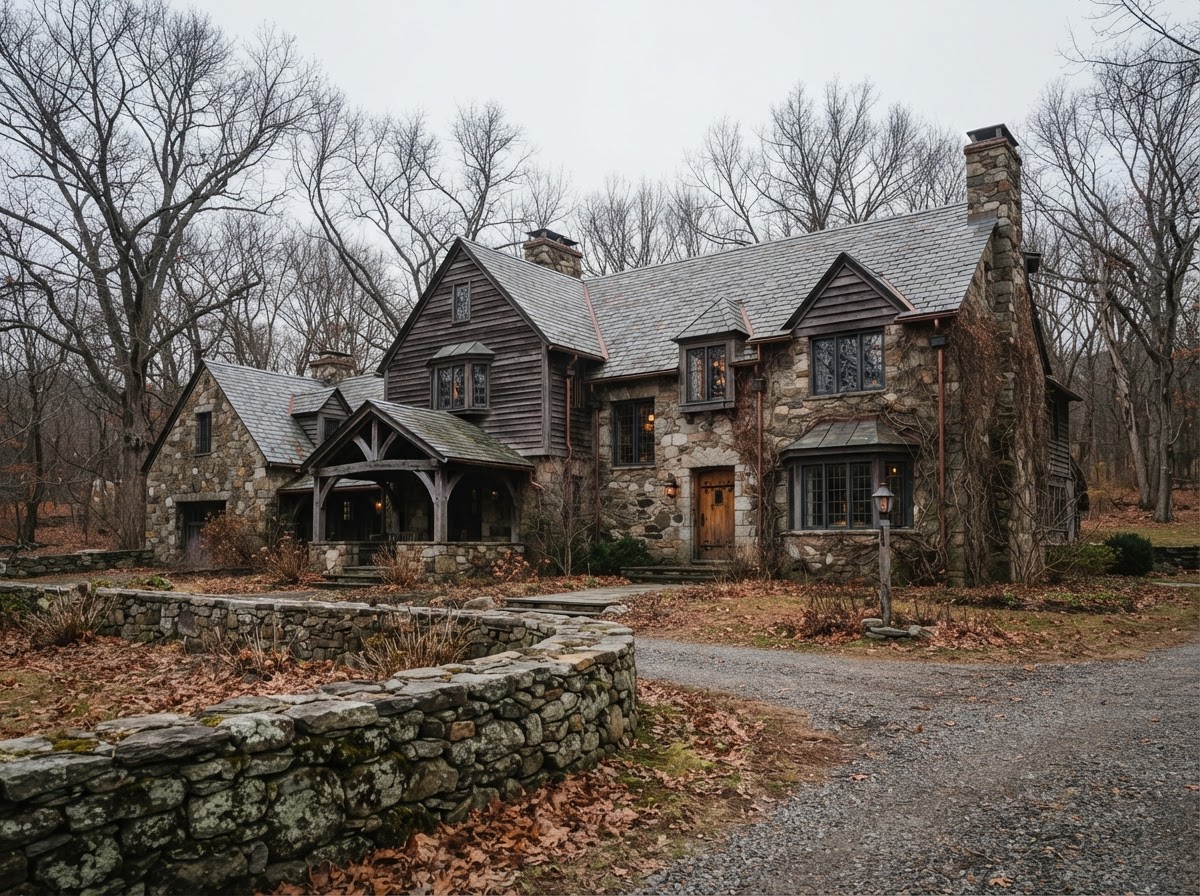 New England estate exterior in late autumn