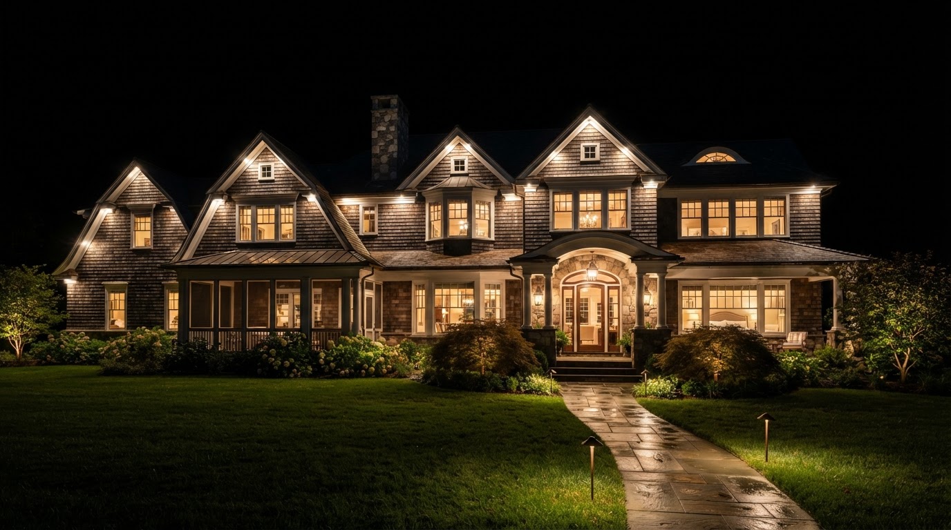 The Managed Home property at night, shingle house with uplighting